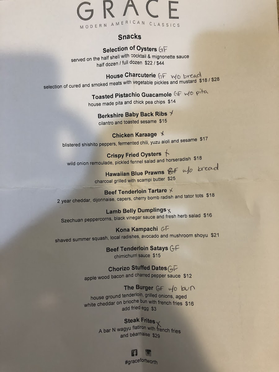 GRACE gluten-free menu