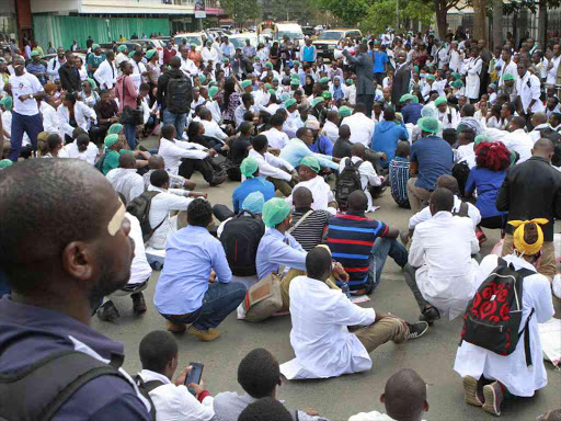 Doctors hold protests on Harambee Avenue in Nairobi at the start of their countrywide strike, December 5, 2016. /MONICAH MWANGI
