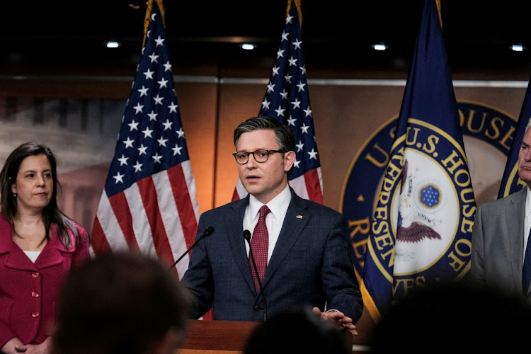 US House of Representatives speaker Mike Johnson speaks to reporters during a weekly press conference at Capitol Hill in Washington, the US, April 16 2024. Picture: REUTERS/Michael A. McCoy