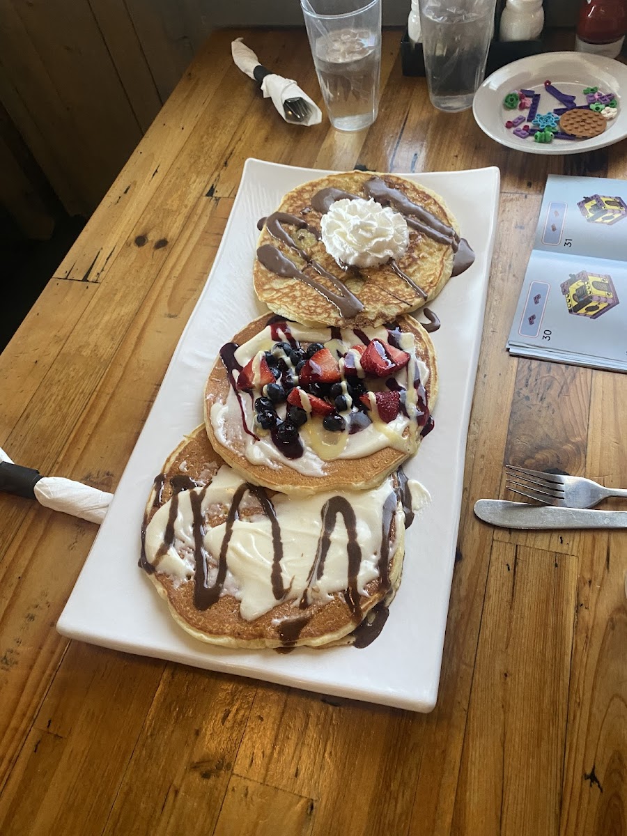 Pancake platter (choose three) with GF pancakes. We did the bonanza (so good), berry cream (so good)