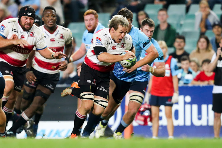 Marnus Schoeman of the Emirates Lions powers through the space during the Super Rugby match against the NSW Waratahs at the Allianz Stadium, Sydney, Australia on April 20 2018.