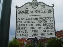 American precedent for judicial review of legislation set nearby, 1787, by Samuel Ashe, Samuel Spencer, John Williams.Plaque via North Carolina Highway Historical Marker Program, and is used with...