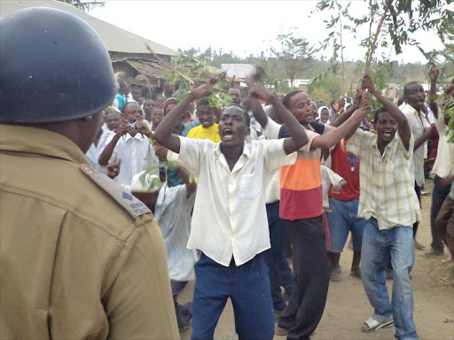 Rabai Kilifi County residents on a protest over grabbing of land at Uwanja Wa Ndege by a private developer./FILE
