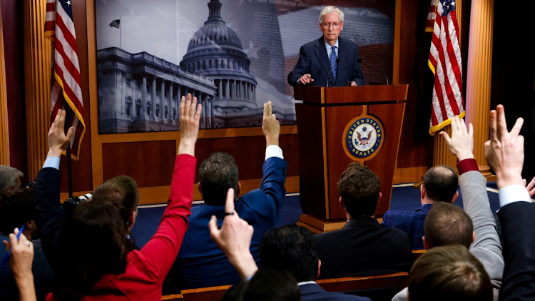 Senate minority leader Mitch McConnell at a press conference on Capitol Hill in Washington DC on April 23 2024 as the US Senate considers a $95bn Ukraine-Israel aid package.