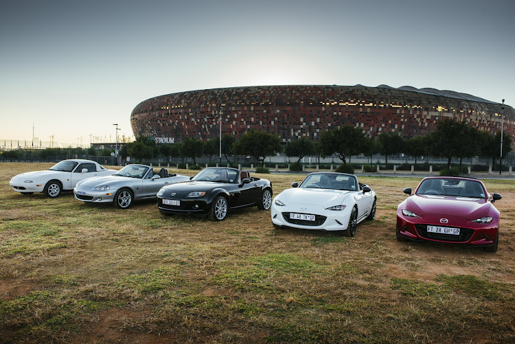 All four Mazda MX-5 generations. From left to right: NA, NB, NC, ND and ND RF.