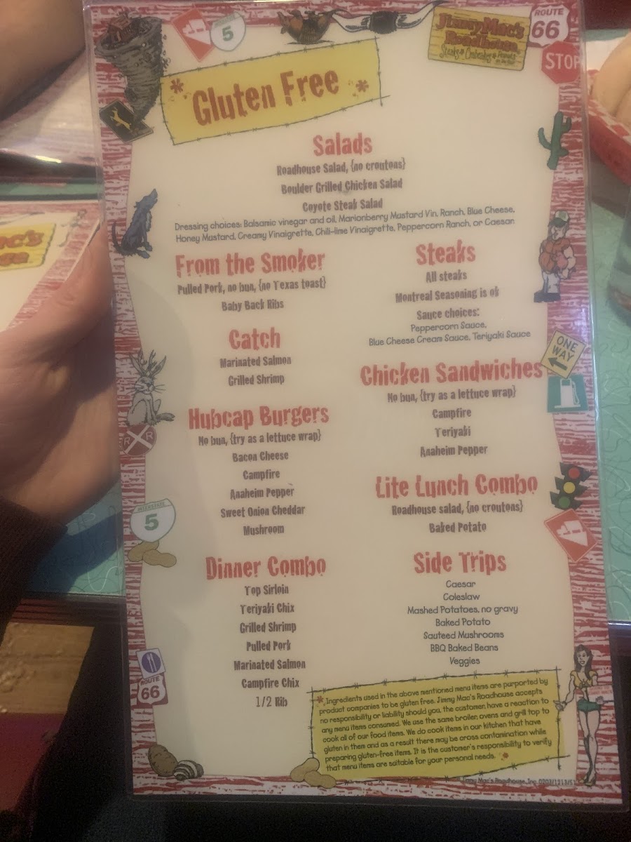 Jimmy Mac's Roadhouse gluten-free menu