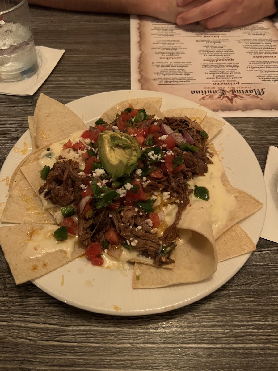 Barbacoa nachos with baked corn tortillas instead of fried chips (due to cc)