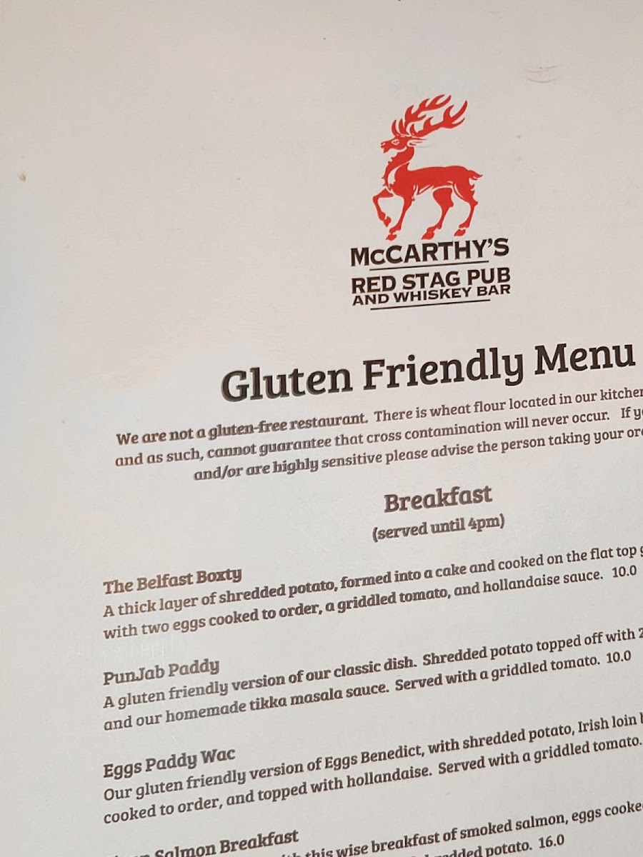 Gluten-Free at McCarthy's Red Stag Pub and Whiskey Bar