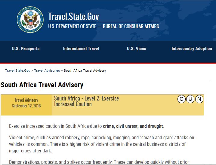 The travel advisory on the US Travel State Gov website.