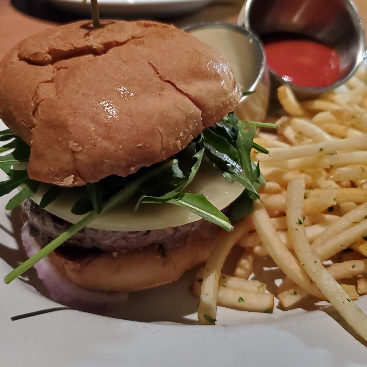 Burger with fries - both were the best part of our meal