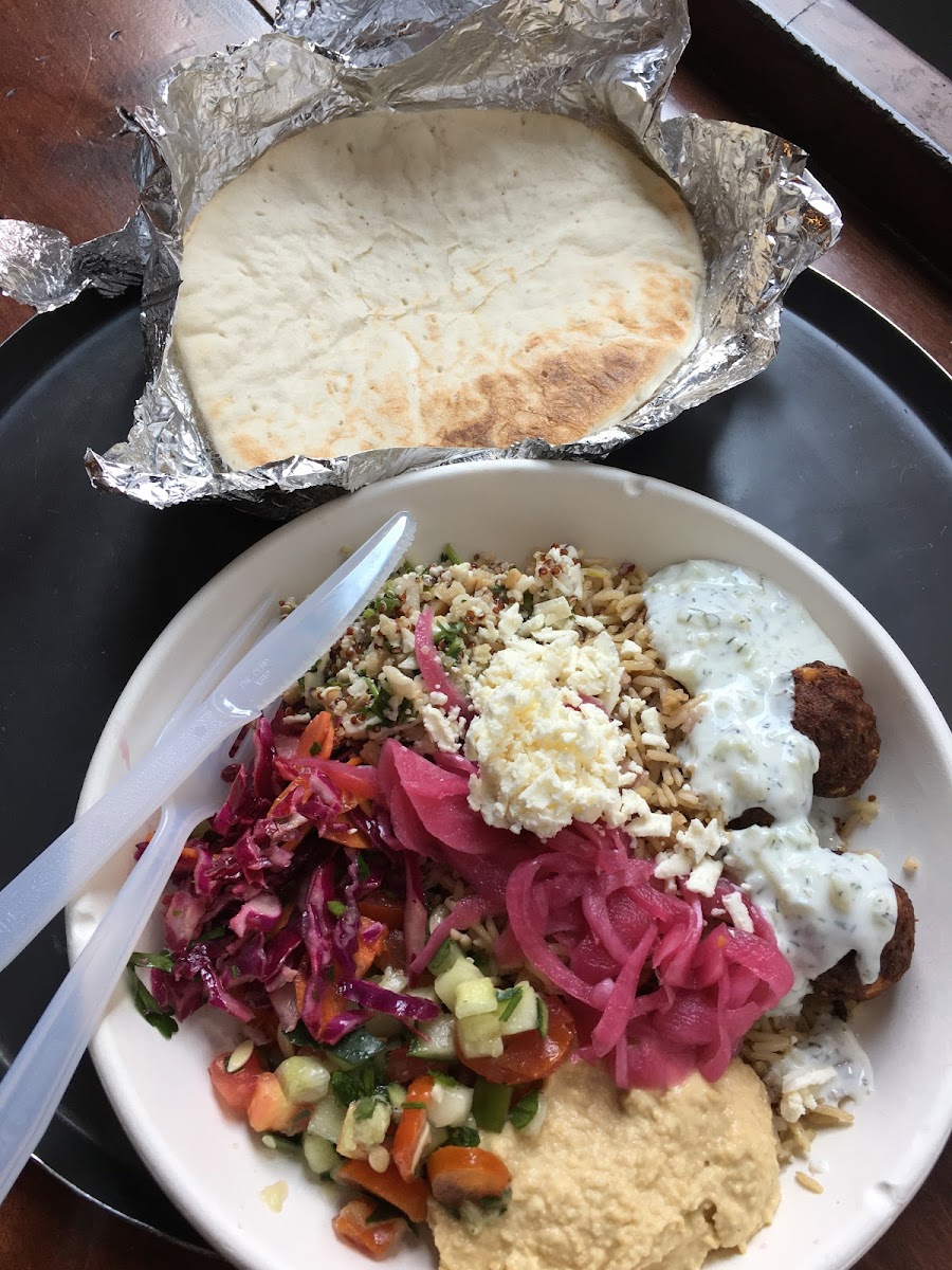 Falafel Rice plate and gluten free pita!