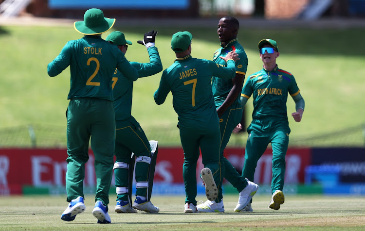 Proteas U19 player Kwena Maphaka celebrates the wicket of Joshua Dorne of West Indies during the ICC U19 Men's Cricket World Cup at JB Marks Oval on January 19, 2024 in Potchefstroom, South Africa.