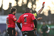 Asenathi Ntlabakanye of the Lions is shown a red card by referee Chris Evans during their United Rugby Championship match against Connacht at The Sportsground in Galway, Ireland on Saturday.