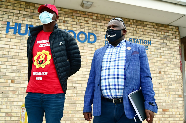 United Front (UF) councillor Mkhuseli Mtsila and UF regional chair Xolisile Peter at the Humewood police station on Thursday.