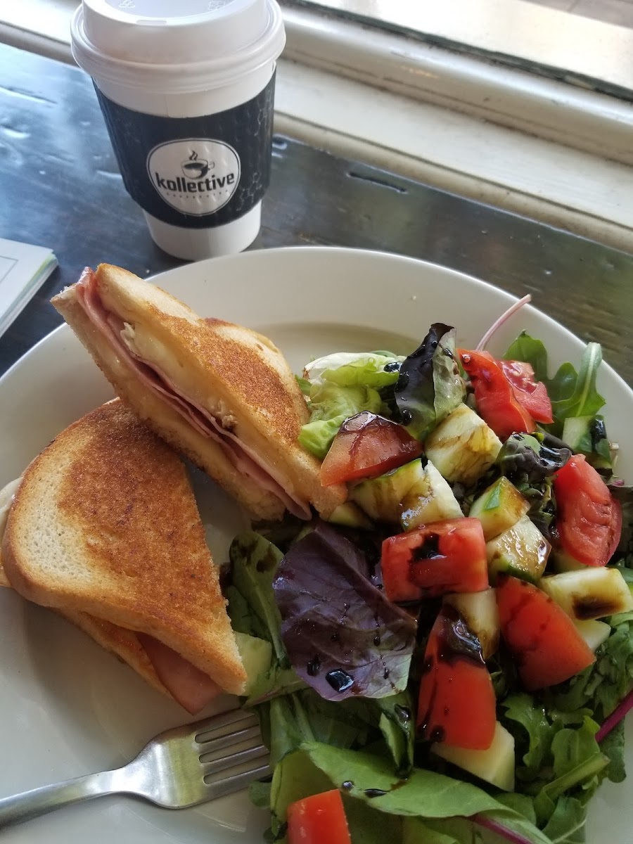 Gf grilled cheese w/ ham and salad.