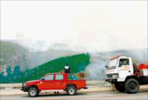 MOUNTAINS ABLAZE ... Members of the Bitou fire department and SANParks monitor the fire in the mountains from the Groot River in order to prevent it nearing the N2. Pic: DESMOND SCHOLTZ. 02/11/05. © The Herald.