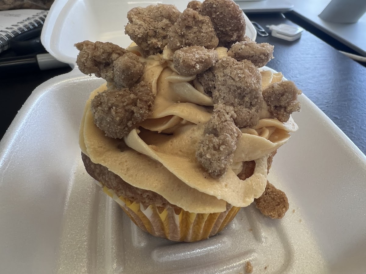 Coffee Cake Cupcakes with caramel iceing and streusal.