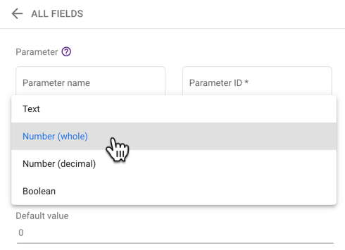 The Parameter drop-down menu displays the options Text, Number (whole), Number (decimal), and Boolean. 