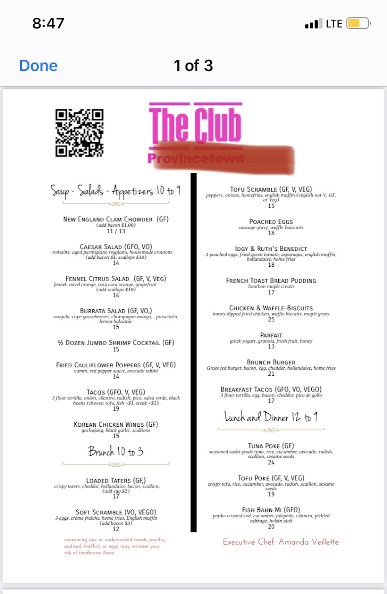 The Club Provincetown gluten-free menu