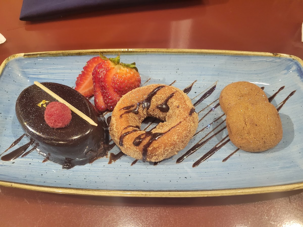 GF dessert plate- flourless chocolate cake, cinnamon donut, and cookies