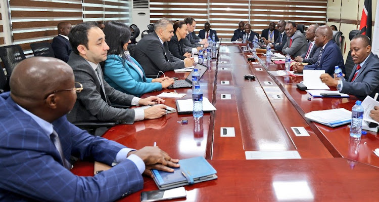 Treasury CS Njuguna Ndungú, PS Chris Kiptoo, PS Ministry of Economic Planning James Muhati during a meeting with the IMF mission led by Haimanot Teferra, to assess the progress of the Kenya-IMF Program under the Extended Credit Facility and the Resilient Sustainability Facility