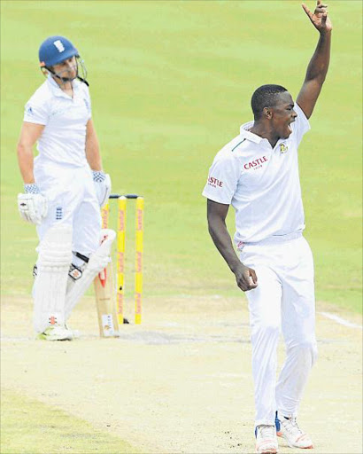 MAN DOWN: Kagiso Rabada of the Proteas celebrates the wicket of James Taylor of England during day 3 of the 4th Test match at SuperSport Stadium Picture: GALLO IMAGES
