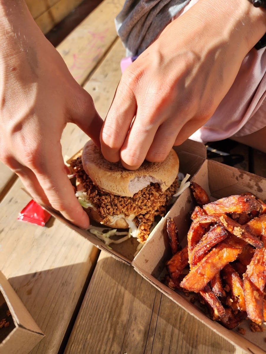 Crispy chicken burger and yam fries