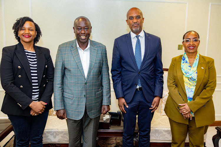 Deputy President Rigathi Gachagua with Rwanda Minister of Justice and Attorney General Emmanuel Ugirashebuja and Kenya High Commissioner to Rwanda Ambassador Janet Mwawasi Oben (L) and Diaspora Affairs PS Roseline Njogu in Kigali, Rwanda on April 6, 2024.