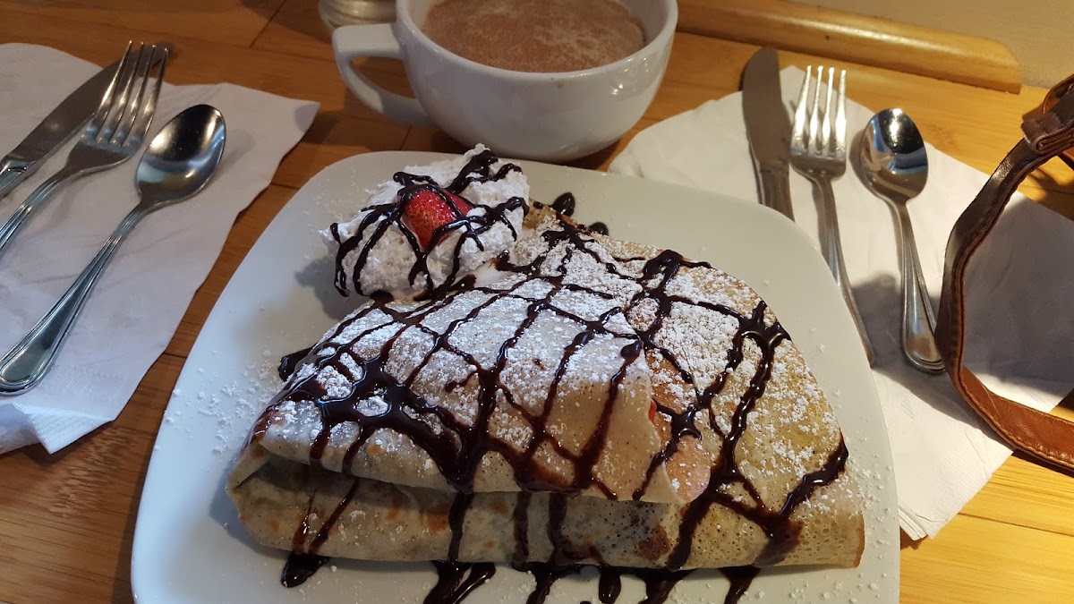 fresh strawberry crepe with chai latte - everything is gluten free, dairy free, and simply delicious!