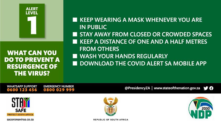 Some of the tips to prevent a resurgence of Covid-19 infections, according to a graphic The Presidency released on Sunday following an address by President Cyril Ramaphosa.