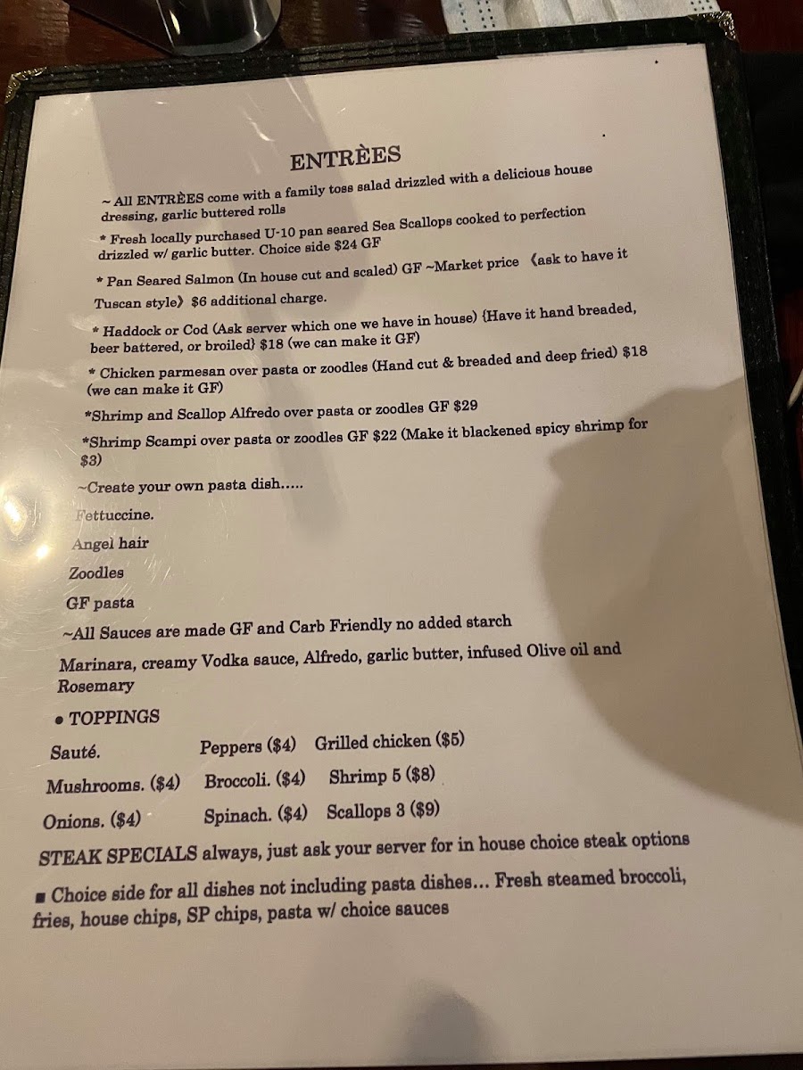 Nick Stoner Inn Seafood & Steakhouse gluten-free menu