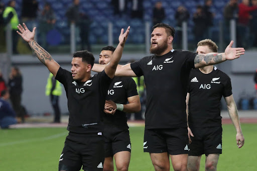 New Zealand players celebrate after the match crushing Italy in Stadio Olimpico, Rome, Italy.