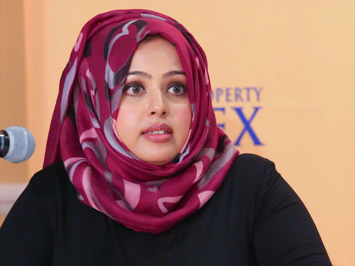 Hass Consult head of development Sakina Hassanali at a press briefing In Nairobi /ENOS TECHE.