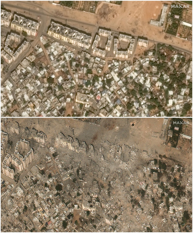 A combination picture shows the Palestinian city of Beit Hanoun in the northern Gaza Strip before and after destruction caused by the conflict between Israel and Hamas, on October 10 and 21, 2023.