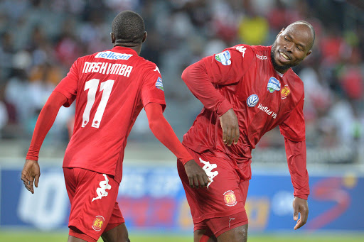 Highlands Park striker Collins Mbesuma (R) celebrates with fellow striker Charlton Mashumba.