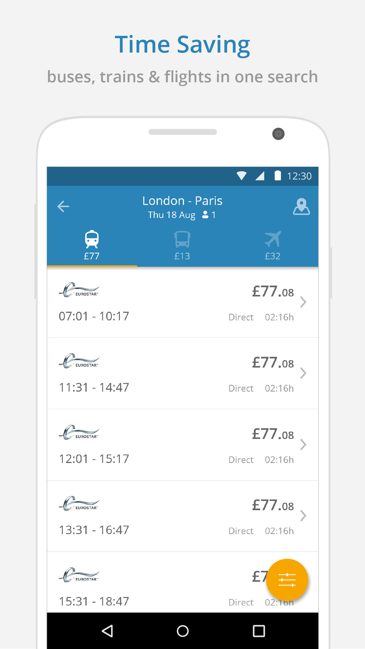 Android application Omio: Book train, bus & flight screenshort