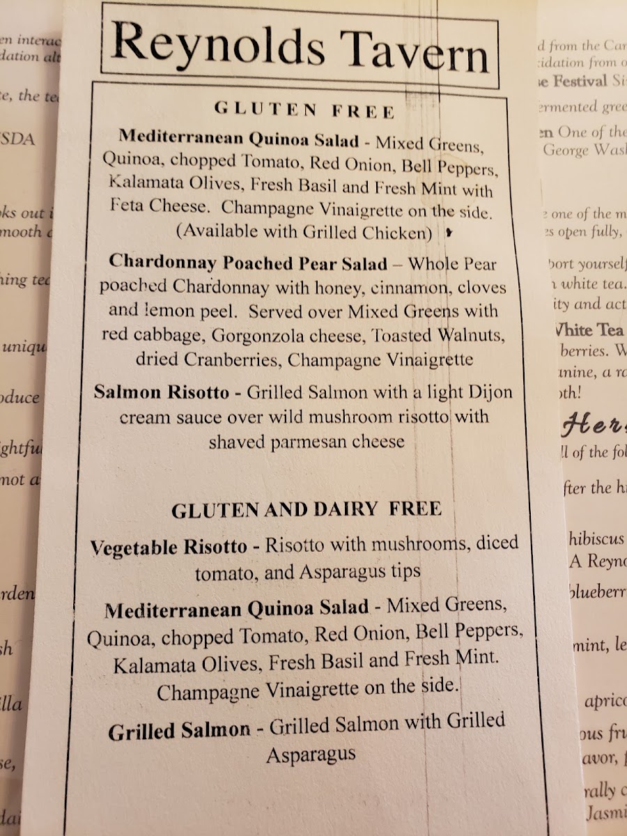 Reynolds Tavern and 1747 Pub gluten-free menu