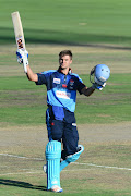 Aiden Markram of the Titans celebrates his 100 runs during the Momentum One Day Cup final match between Multiply Titans and Warriors at SuperSport Park on March 31, 2017 in Pretoria, South Africa.