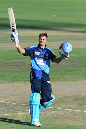 Aiden Markram of the Titans celebrates his 100 runs during the Momentum One Day Cup final match between Multiply Titans and Warriors at SuperSport Park on March 31, 2017 in Pretoria, South Africa.