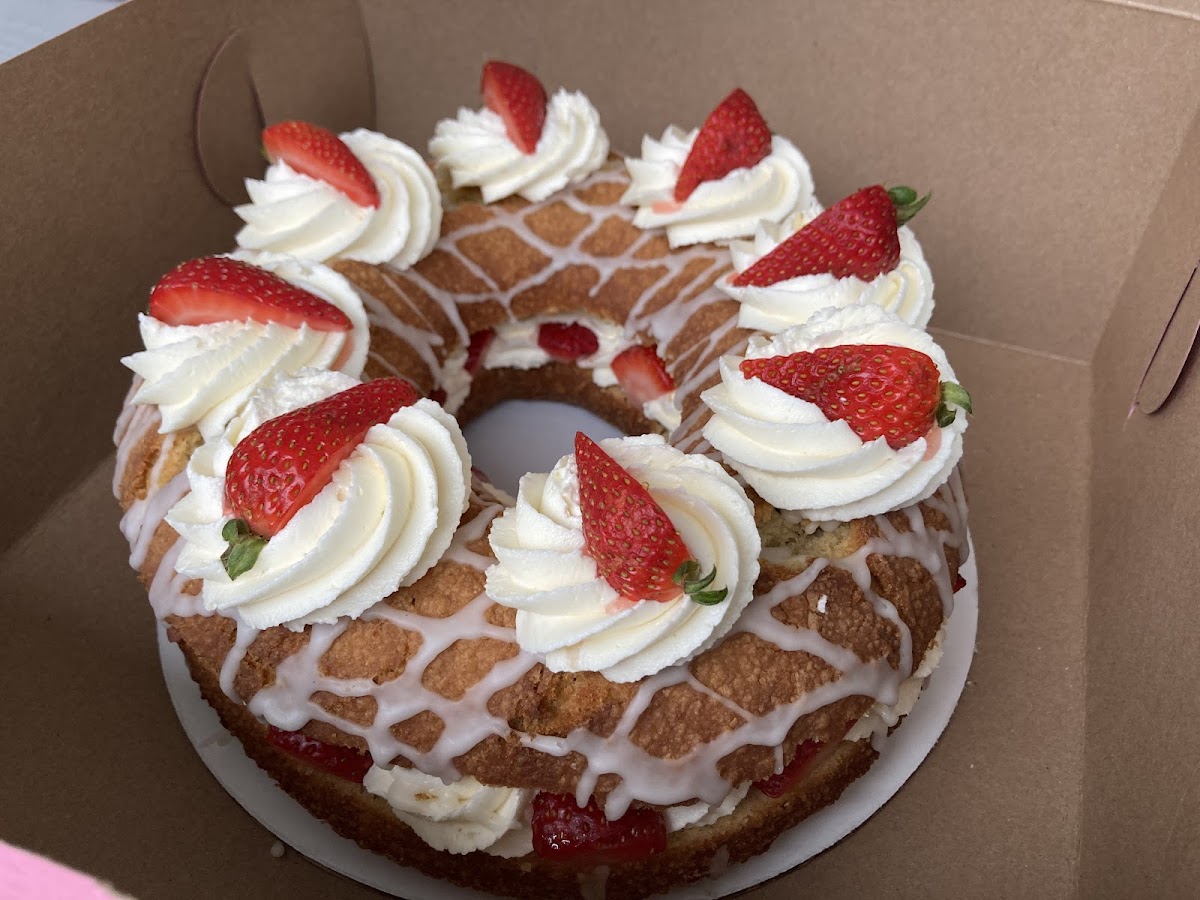 Strawberry Shortcake GBD (great big donut- cake). GF & Vegan