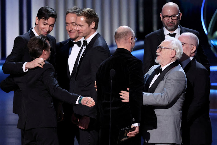 Jesse Armstrong and the cast members celebrate after winning the award for Outstanding Drama Series award for “Succession”at the 75th Primetime Emmy Awards in Los Angeles, California, US, on January 15 2024. Picture: MARIO ANZUONI/REUTERS