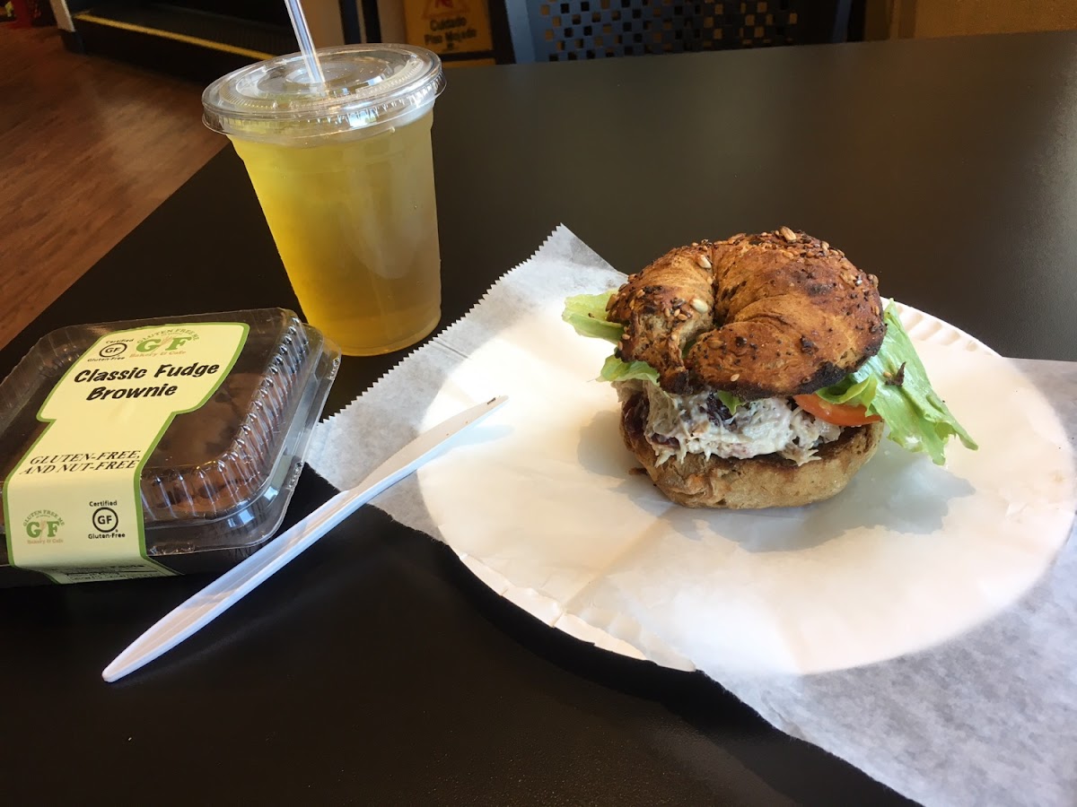 Chicken salad bagel, green iced tea, and a brownie