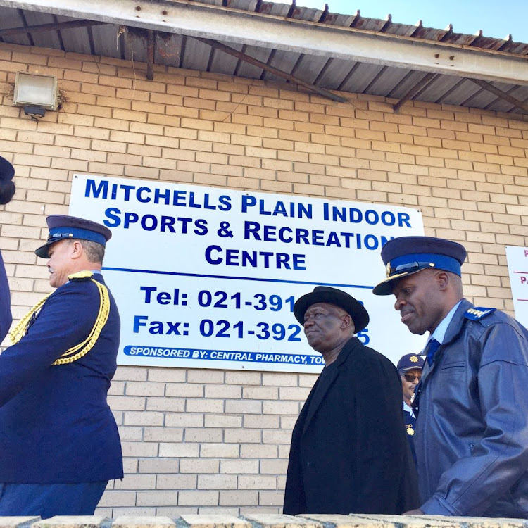 Police minister Bheki Cele in Mitchells Plain on May 15, 2018, with national commissioner General Khehla John Sitole.