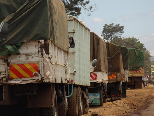 Lorries queuing to deliver maize at the NCPB depot in Eldoret