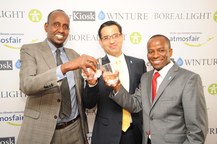 Ismail Fahmy, Hamed Beheshti and Samuel Kinyanjui during the launch of the water desalination project in Nairobi.