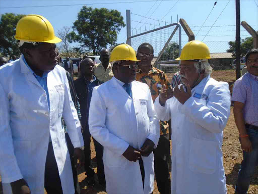 Water Cabinet Secretary Eugene Wamalwa and Bungoma Governor Kenneth Lusaka during an inspection of Webuye Pan Paper Mills, August 22, 2016. /JOHN NALIANYA