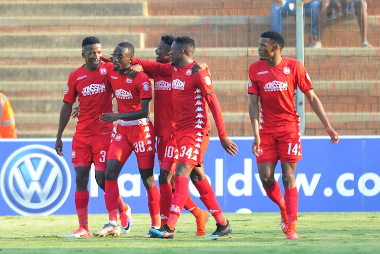 Peter Shalulile of Highlands Park celebrates goal with teammates during the Absa Premiership match between Highlands Park and Maritzburg United on the 13 April 2019 at Makhulong Stadium.