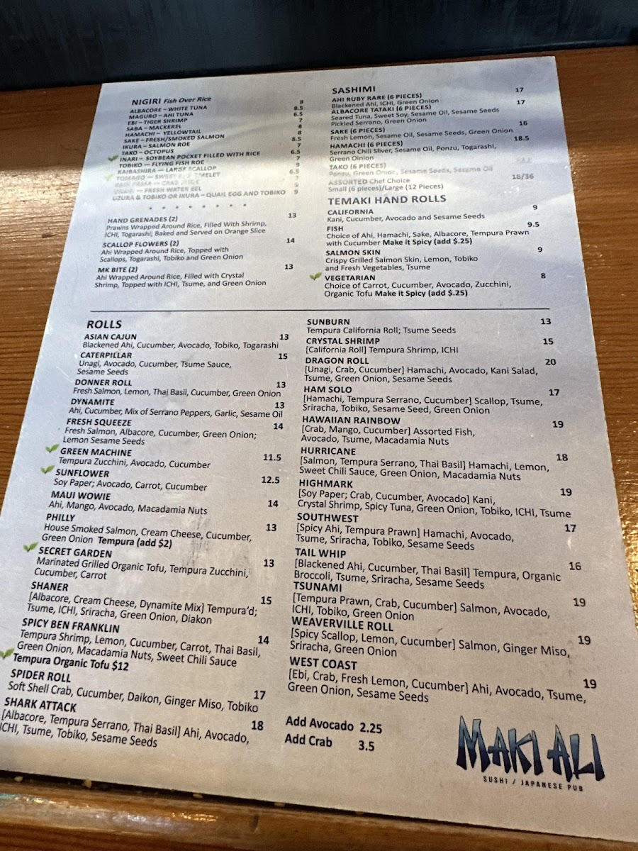 MakiAli gluten-free menu