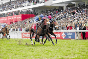 CONTACT SPORT: Wylie Hall, left, finishes the Durban July ahead of Legislate. Jockey MJ Beyleveld can be seen trying to steer his mount away from his rival, but the stipendiary stewards ruled that Wylie Hall had bumped Legislate and the finishing placings were reversed