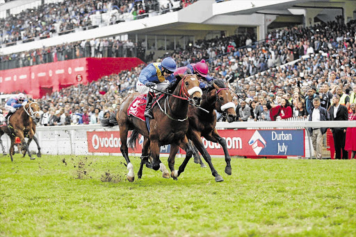 CONTACT SPORT: Wylie Hall, left, finishes the Durban July ahead of Legislate. Jockey MJ Beyleveld can be seen trying to steer his mount away from his rival, but the stipendiary stewards ruled that Wylie Hall had bumped Legislate and the finishing placings were reversed